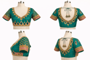Emerald Green Silk Aari Work Blouse with Designer Cutwork Back