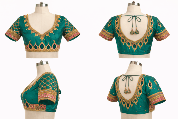 Emerald Green Silk Aari Work Blouse with Designer Cutwork Back
