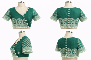 Emerald Green Cotton Silk Aari Work Blouse with Front Button Closure | Designer Hand Embroidered Saree Blouse