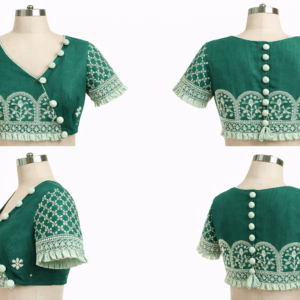 Emerald Green Cotton Silk Aari Work Blouse with Front Button Closure | Designer Hand Embroidered Saree Blouse