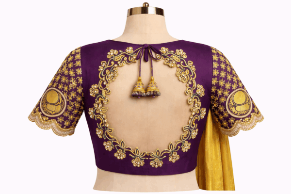 Deep purple silk Aari work blouse bridal Designer bridal silk blouse with cutwork back Hand embroidered Aari work saree blouse deep purple