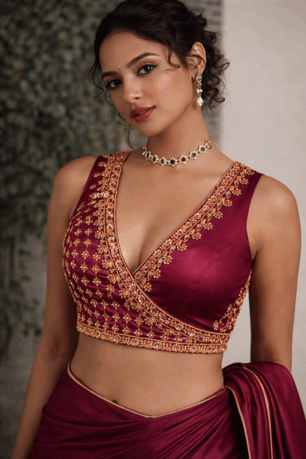 Sleeveless Maroon Silk Aari Work Blouse