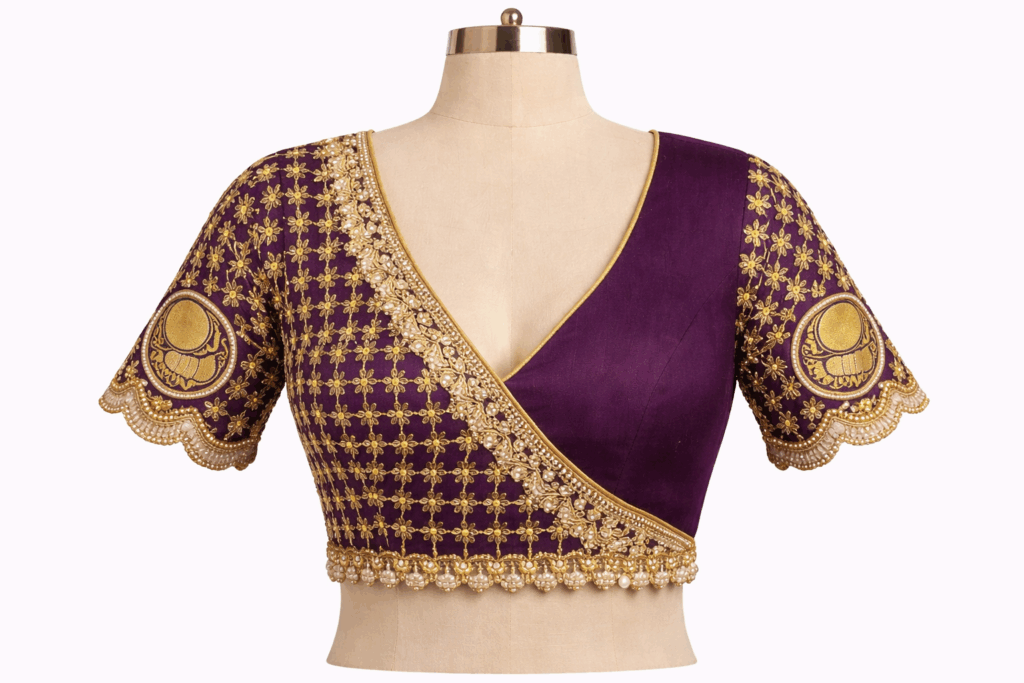 Deep purple silk Aari work blouse bridal Designer bridal silk blouse with cutwork back Hand embroidered Aari work saree blouse deep purple