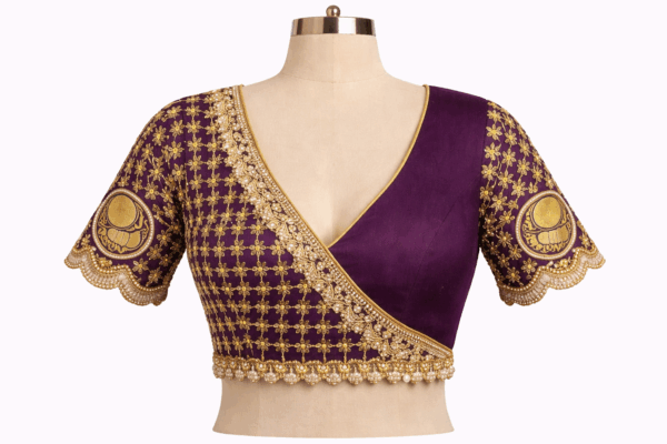 Deep purple silk Aari work blouse bridal Designer bridal silk blouse with cutwork back Hand embroidered Aari work saree blouse deep purple