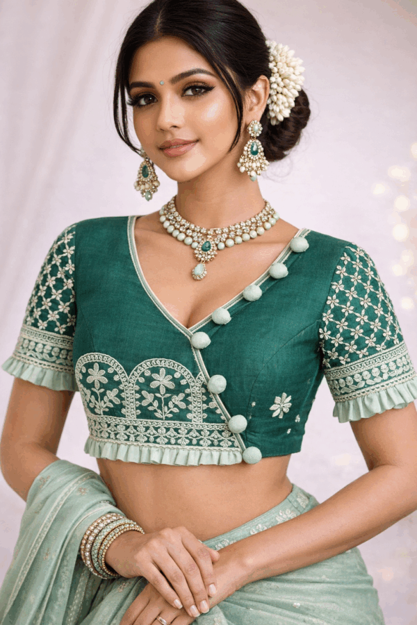 Hand embroidered Aari work saree blouse emerald green