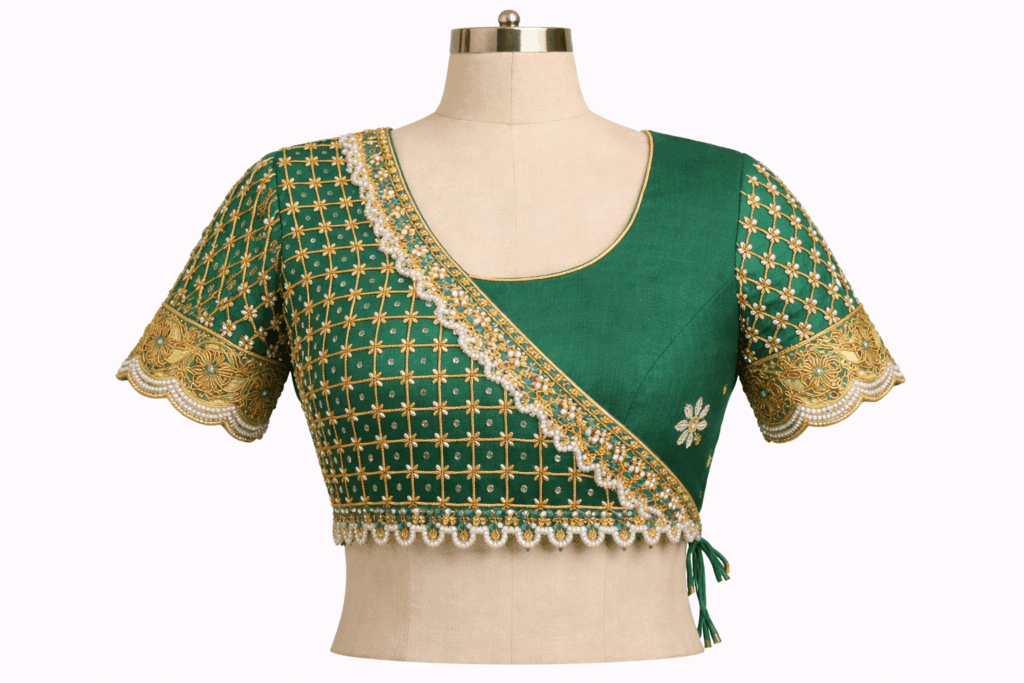 Hand embroidered silk Aari work saree blouse emerald green