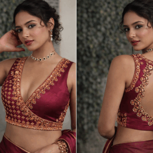 Sleeveless Maroon Silk Aari Work Blouse