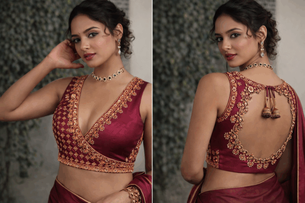 Sleeveless Maroon Silk Aari Work Blouse