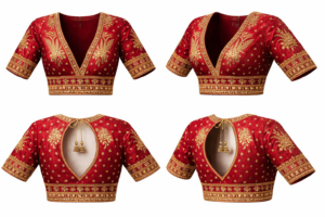 Designer Red Bridal Blouse with Heavy Aari & Zardozi Work | Deep V-Neck | Hand-Embroidered Wedding Silk Blouse for Lehenga & Saree