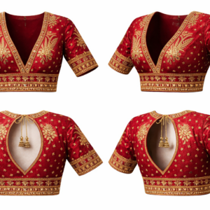 Designer Red Bridal Blouse with Heavy Aari & Zardozi Work | Deep V-Neck | Hand-Embroidered Wedding Silk Blouse for Lehenga & Saree