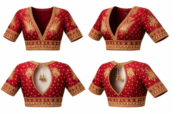 Designer Red Bridal Blouse with Heavy Aari & Zardozi Work | Deep V-Neck | Hand-Embroidered Wedding Silk Blouse for Lehenga & Saree