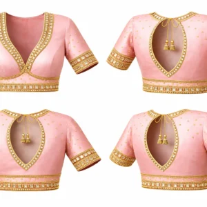 Blush pink bridal silk blouse with kundan stone work deep v neck designer blouse near me in Chennai