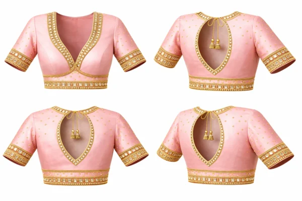 Blush pink bridal silk blouse with kundan stone work deep v neck designer blouse near me in Chennai