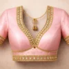 Blush pink bridal silk blouse with kundan stone work deep v neck designer blouse near me in Chennai