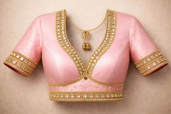 Blush pink bridal silk blouse with kundan stone work deep v neck designer blouse near me in Chennai