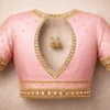 Blush pink bridal silk blouse with kundan stone work deep v neck designer blouse near me in Chennai