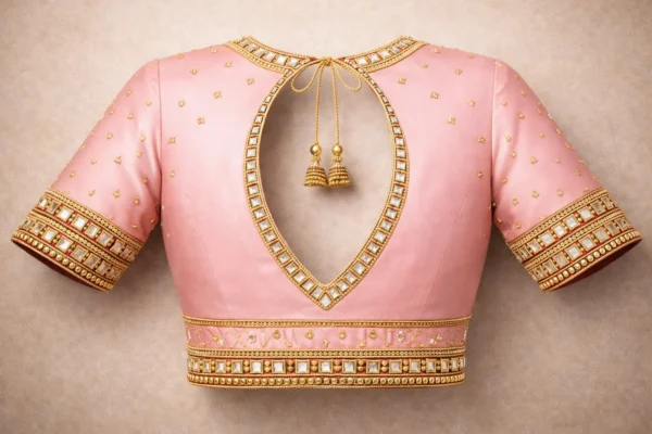 Blush pink bridal silk blouse with kundan stone work deep v neck designer blouse near me in Chennai