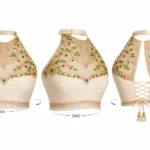 Off white bridal Aari work halter neck blouse with stone embroidery near me in Chennai