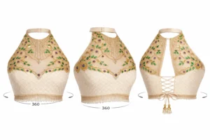 Off white bridal Aari work halter neck blouse with stone embroidery near me in Chennai