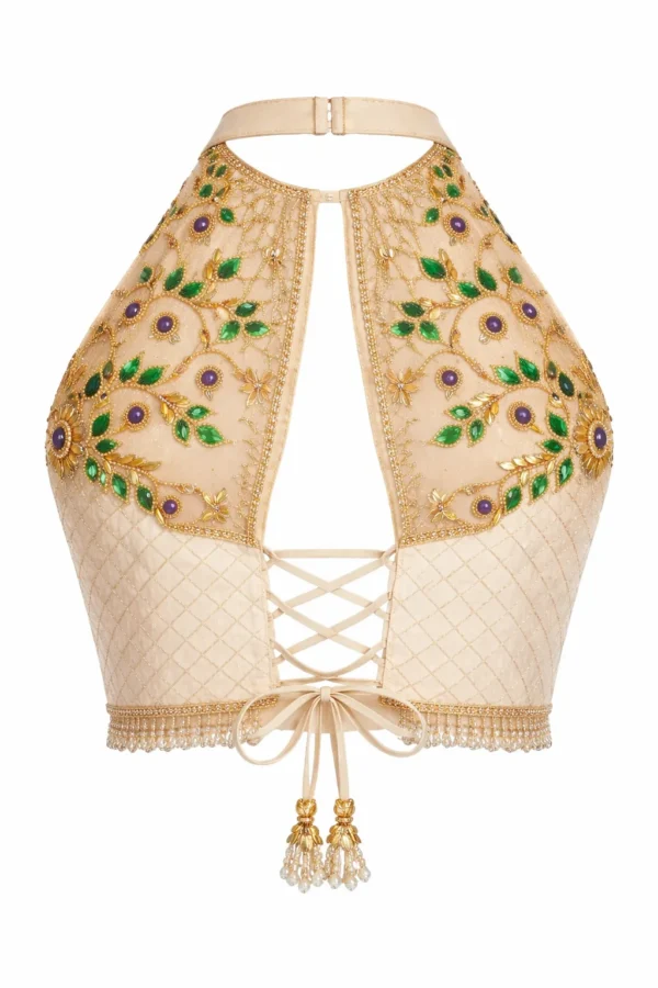 Off white bridal Aari work halter neck blouse with stone embroidery near me in Chennai