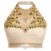 Off white bridal Aari work halter neck blouse with stone embroidery near me in Chennai