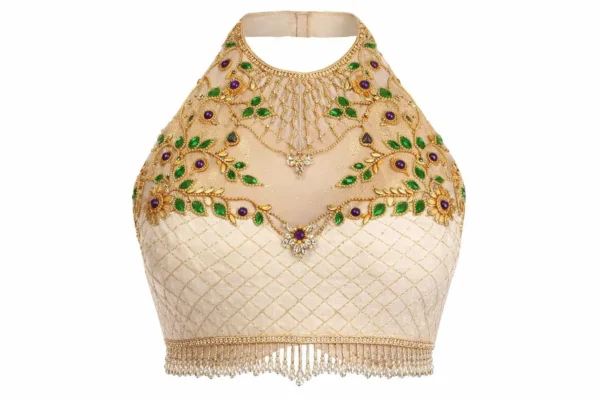 Off white bridal Aari work halter neck blouse with stone embroidery near me in Chennai