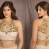 Off white bridal Aari work halter neck blouse with stone embroidery near me in Chennai
