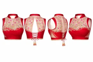 Red bridal Aari work blouse high neck designer blouse with floral embroidery and net yoke