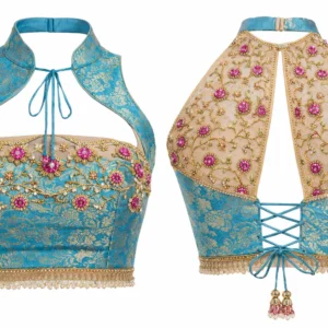Turquoise blue bridal Aari work halter neck blouse with pink stone embroidery near me in Chennai
