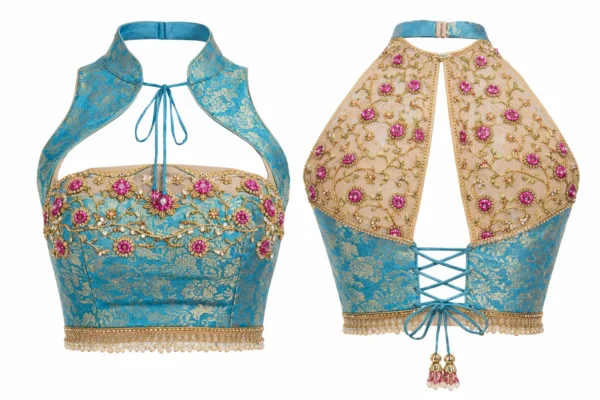 Turquoise blue bridal Aari work halter neck blouse with pink stone embroidery near me in Chennai
