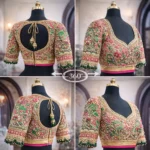 Bridal Aari work blouse design with heavy Zardosi embroidery front and back view