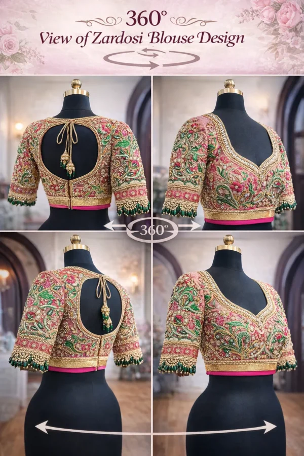 Bridal Aari work blouse design with heavy Zardosi embroidery front and back view