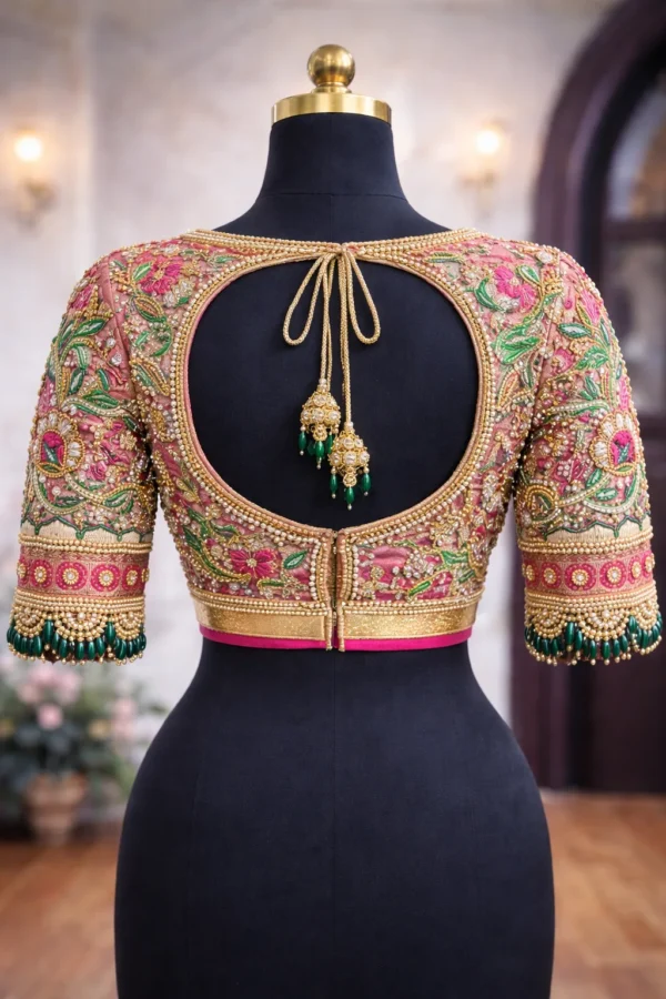 Bridal Aari work blouse design with heavy Zardosi embroidery front and back view