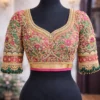 Bridal Aari work blouse design with heavy Zardosi embroidery front and back view