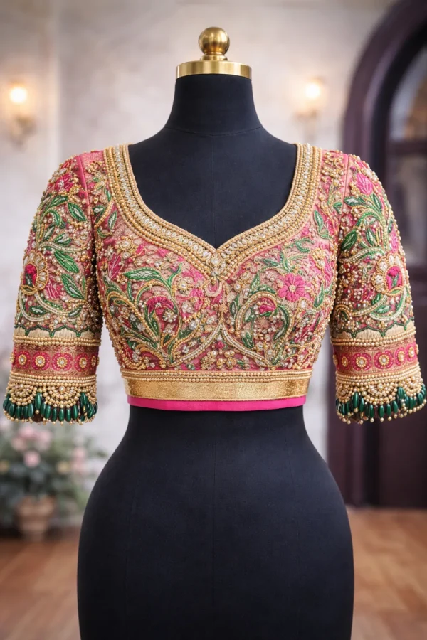 Bridal Aari work blouse design with heavy Zardosi embroidery front and back view