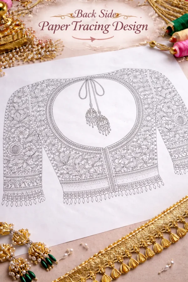 Bridal Aari work blouse design with heavy Zardosi embroidery front and back view