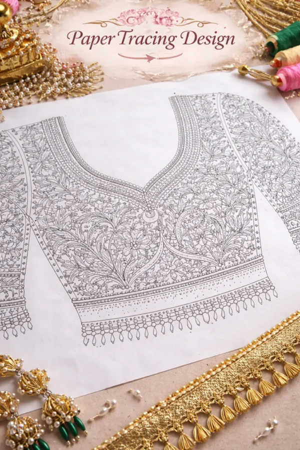 Bridal Aari work blouse design with heavy Zardosi embroidery front and back view