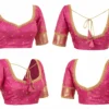 360 view of bridal Aari work blouse design showing front back and sleeve detailing in pink silk