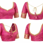 360 view of bridal Aari work blouse design showing front back and sleeve detailing in pink silk