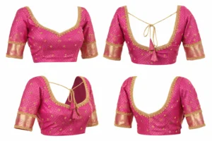 360 view of bridal Aari work blouse design showing front back and sleeve detailing in pink silk