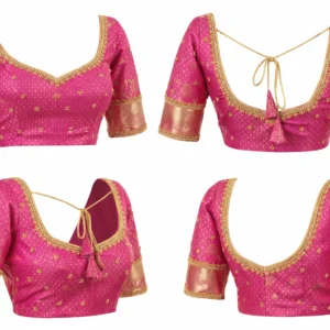 360 view of bridal Aari work blouse design showing front back and sleeve detailing in pink silk