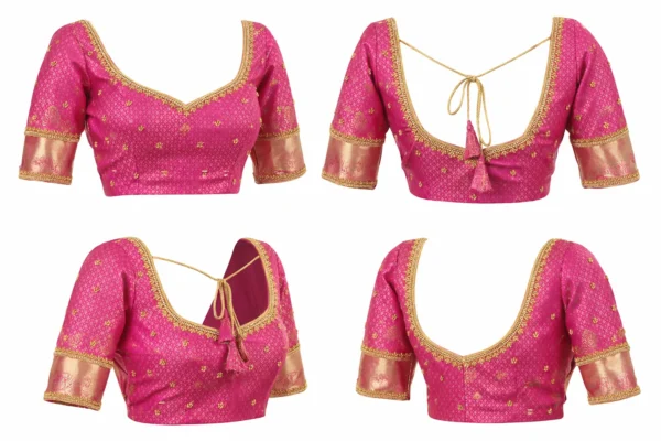360 view of bridal Aari work blouse design showing front back and sleeve detailing in pink silk