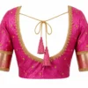 Bridal Aari work blouse back design with deep U neck, dori tassels and simple Aari work in pink silk