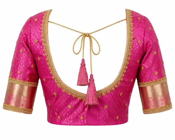 Bridal Aari work blouse back design with deep U neck, dori tassels and simple Aari work in pink silk