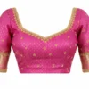 Bridal Aari work blouse front design in pink silk with simple Aari embroidery and zari border sleeves