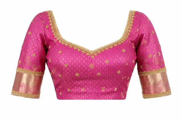 Bridal Aari work blouse front design in pink silk with simple Aari embroidery and zari border sleeves