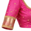 Aari work blouse sleeve design with zari border and bead work on pink silk bridal blouse