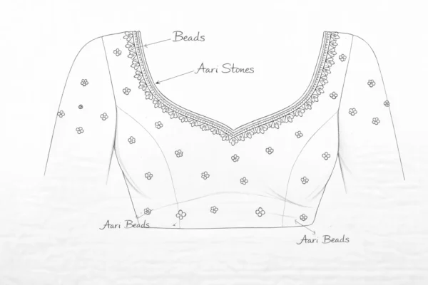 Aari blouse front design tracing paper with simple embroidery layout and bead marking