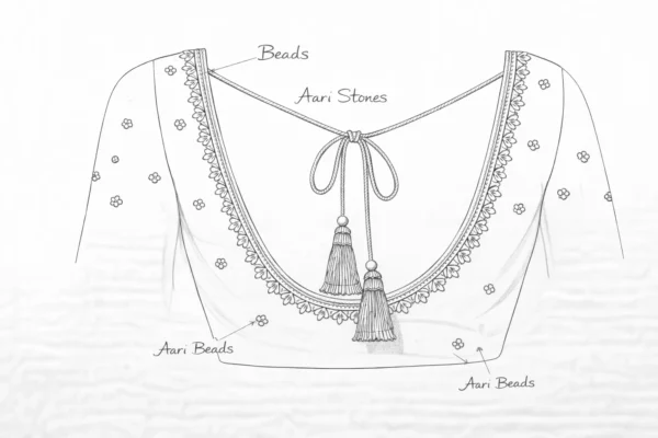 Bridal Aari work blouse front design in pink silk with simple Aari embroidery and zari border sleeves