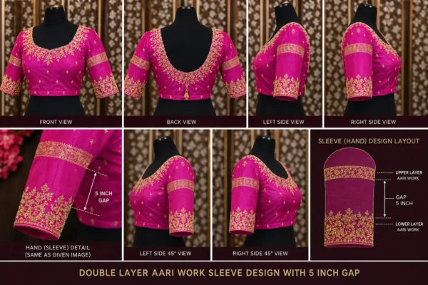 360 view for bridal Aari blouse with double layer embroidery and 5 inch gap maggam work design